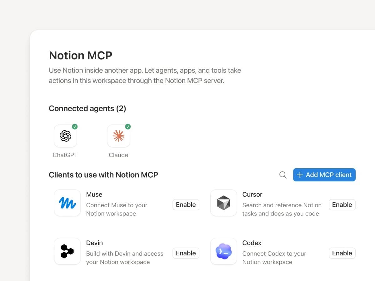 Notion MCP settings showing connected agents and available MCP clients.