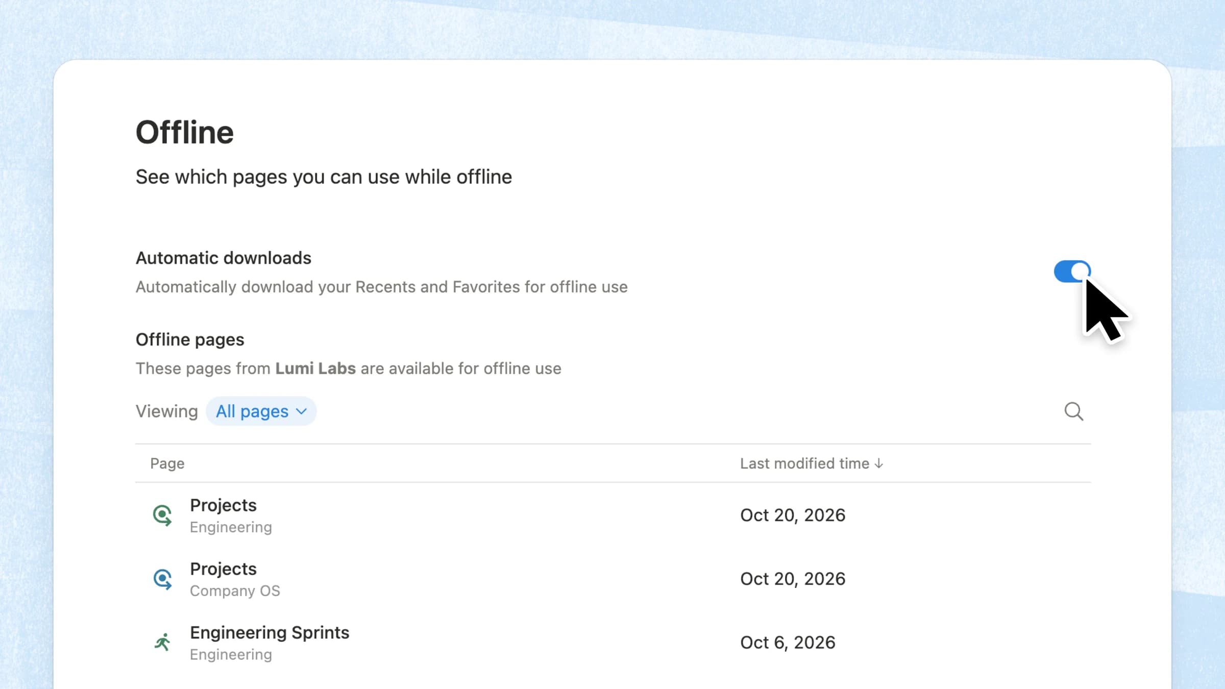 Notion Offline settings with Automatic downloads switched on. The subtitle says Recents and Favorites download for offline use, above a short list of offline pages.