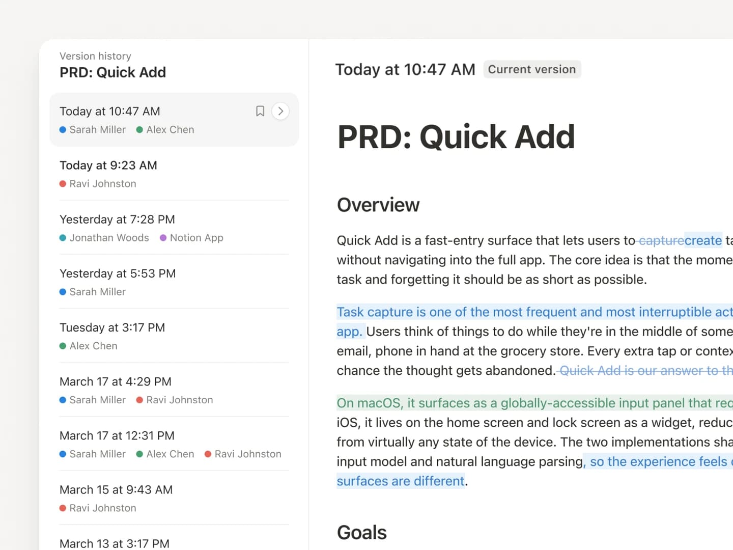 Notion version history lists contributors beside a page with highlighted edits.