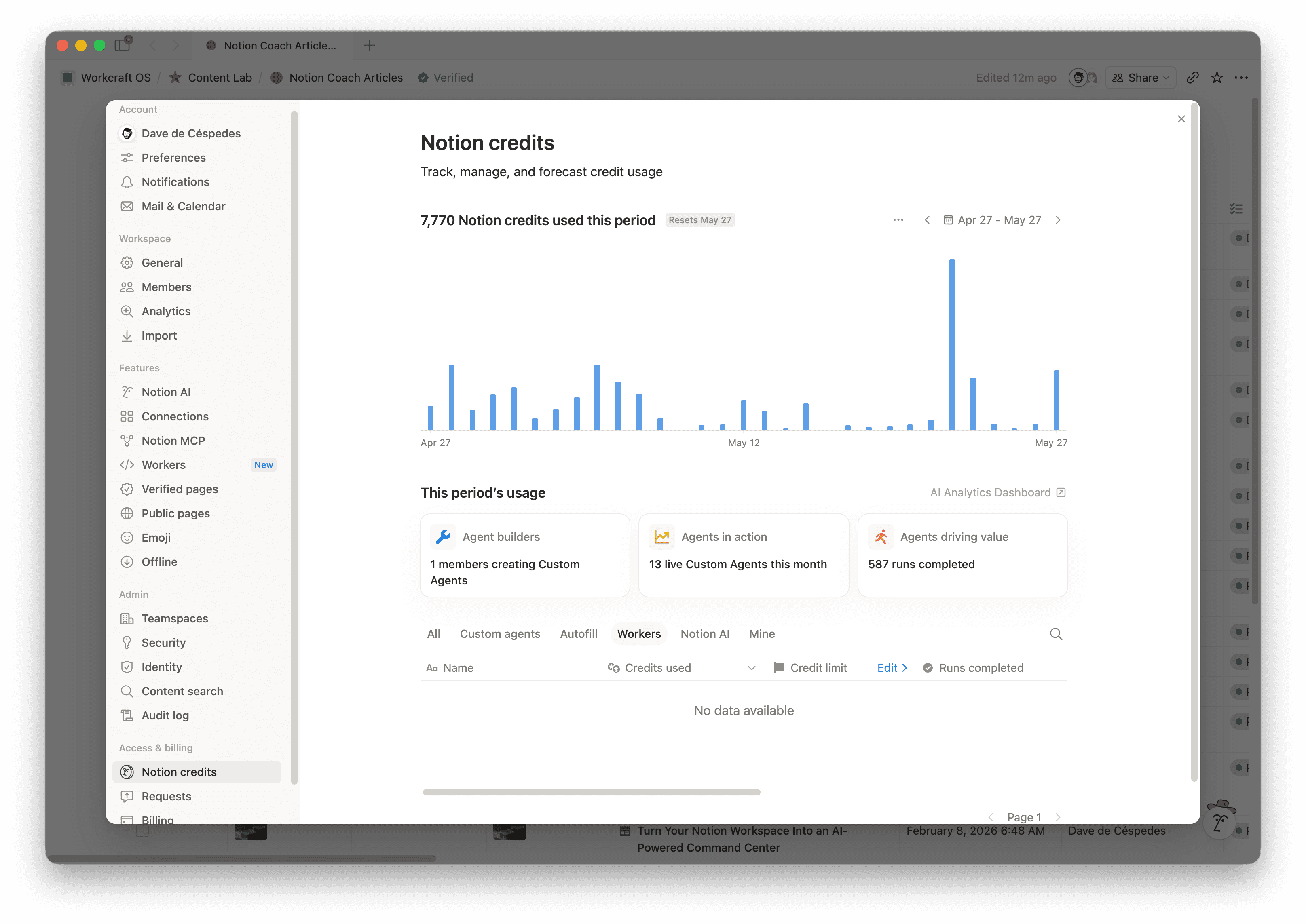 Notion Worker credits dashboard showing runs, usage, status, and creator.