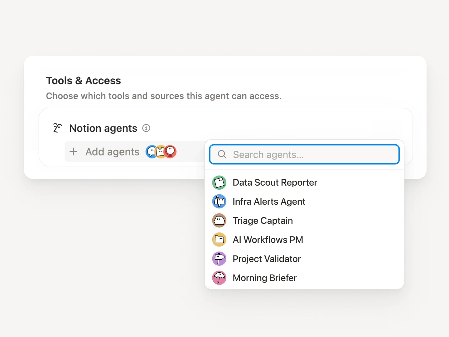 Notion Tools and Access settings with an Add agents menu listing specialist agents.