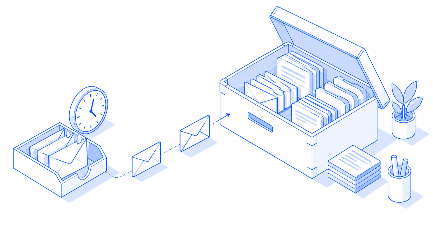 Blue isometric illustration of envelopes moving from an inbox tray to an archive box, with a clock for scheduled messages.