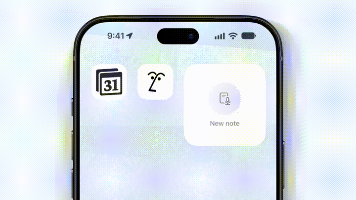 iPhone home screen widget for Notion AI Meeting Notes, then the in-app recording screen with a red record button.